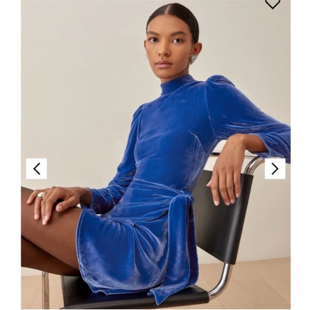NWT Reformation burgundy wrap dress velvet in color Caspian blue size 10 - Picture 3 of 13